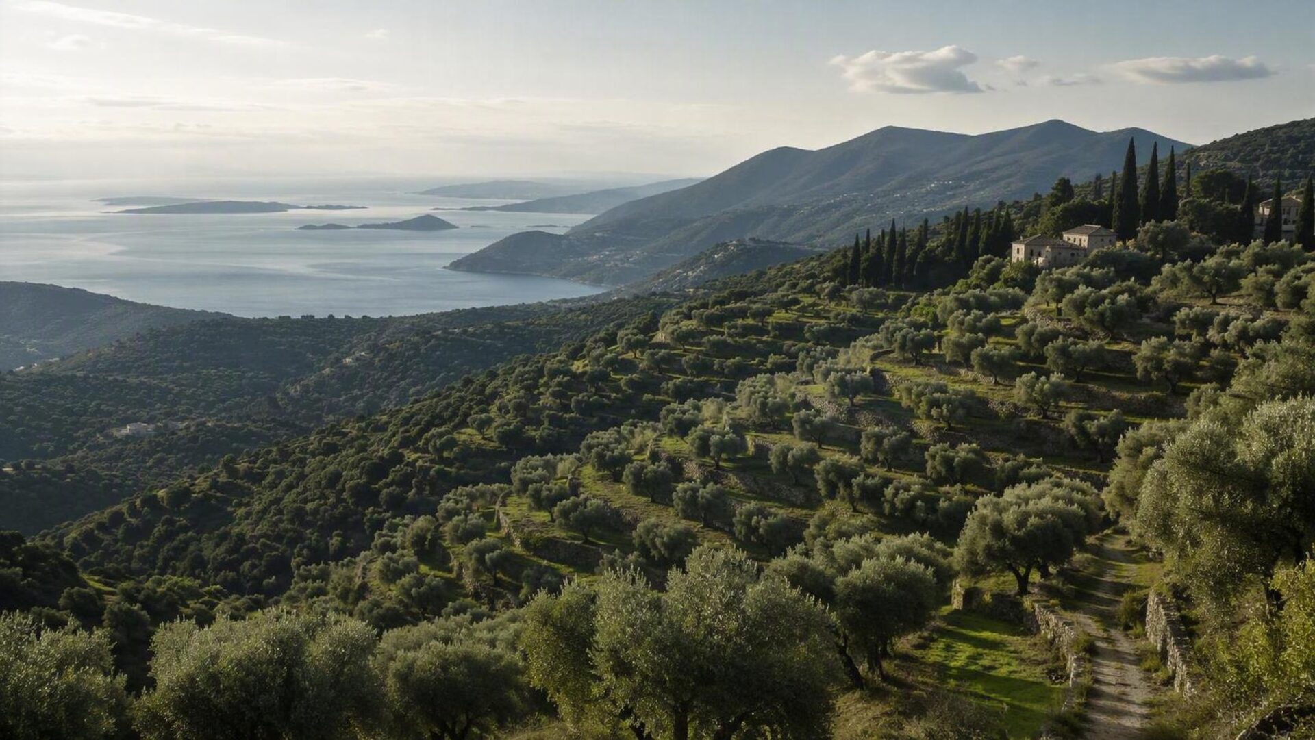 Olive grove above the Messinian coast at golden hour